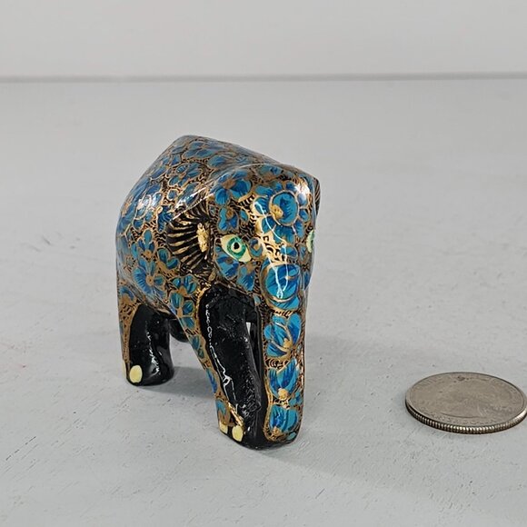 Hand-Painted Paper Mache Wood Elephant Figurine Blue Gold Floral Black 2" - Picture 7 of 8